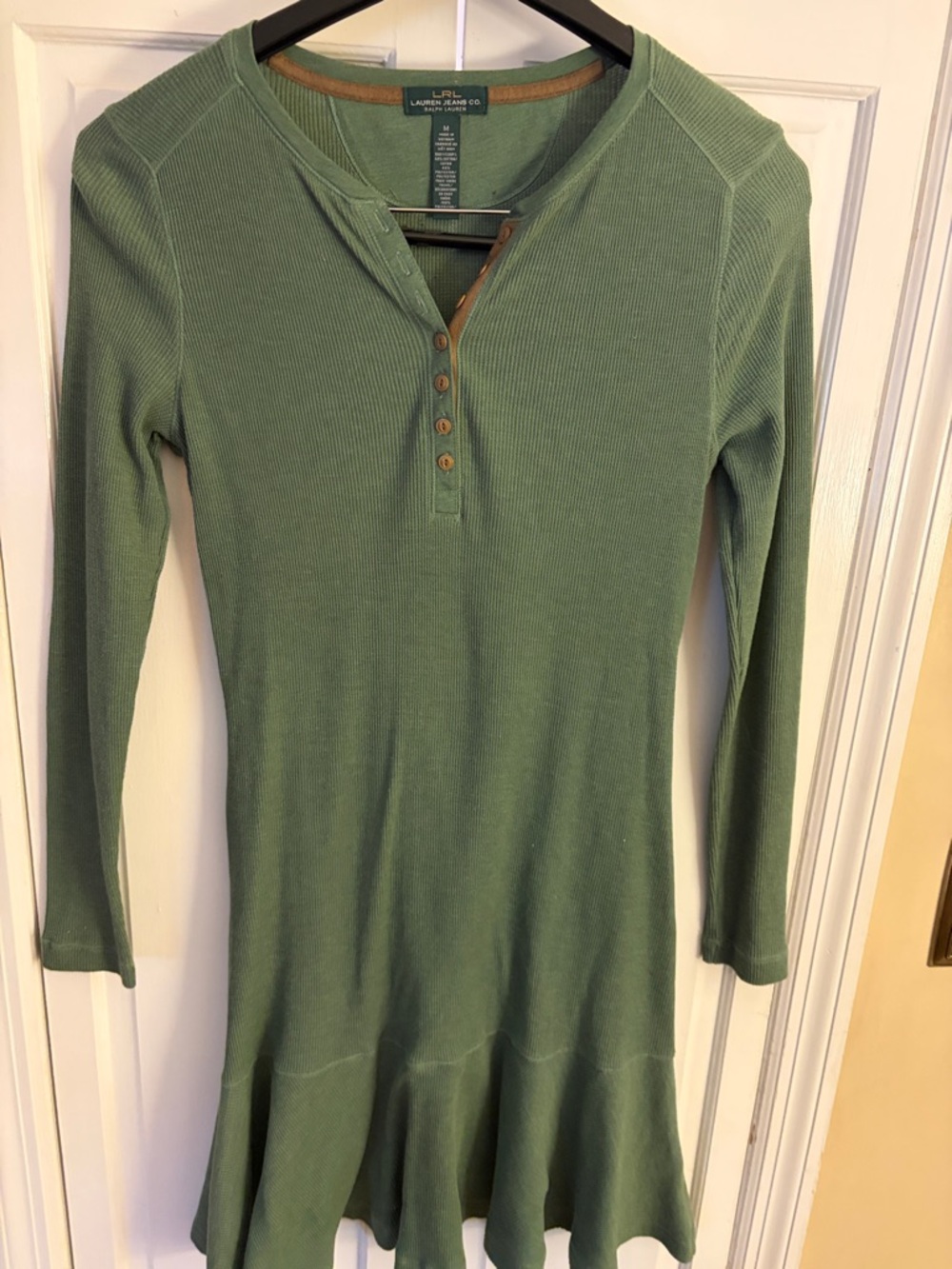 Lauren Ralph Lauren Olive Green Ribbed Long-Sleeve Midi Dress